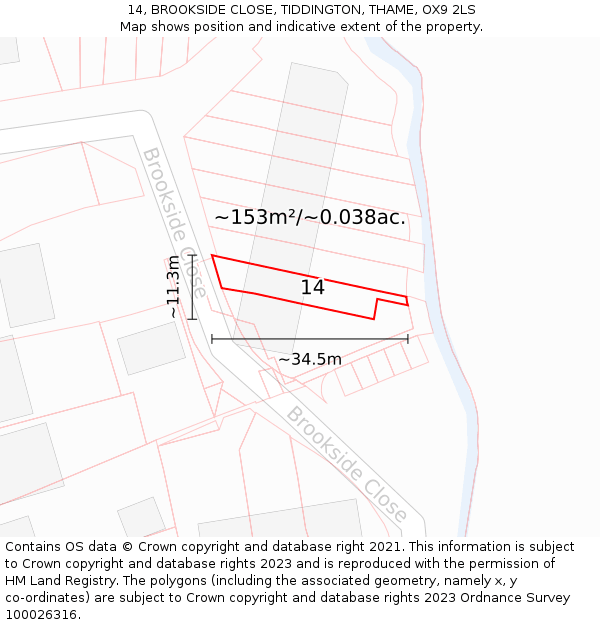 14, BROOKSIDE CLOSE, TIDDINGTON, THAME, OX9 2LS: Plot and title map