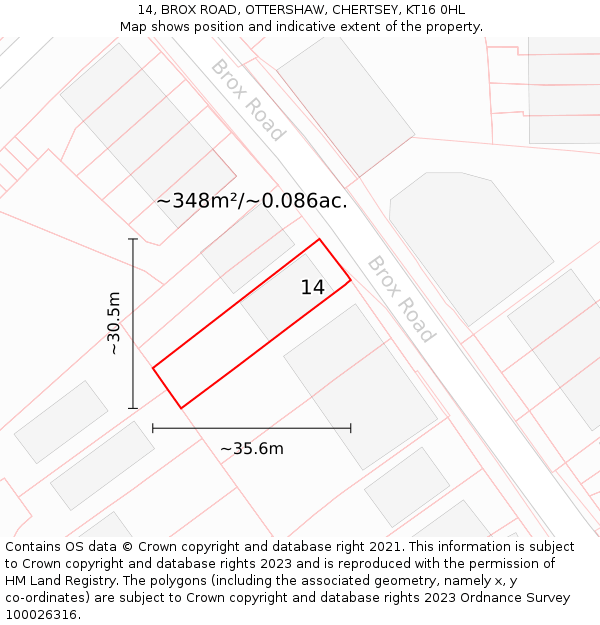 14, BROX ROAD, OTTERSHAW, CHERTSEY, KT16 0HL: Plot and title map