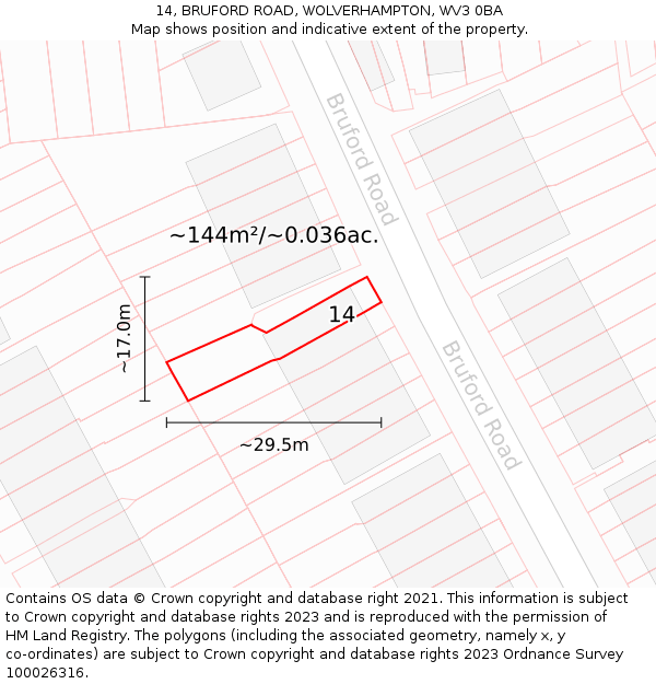 14, BRUFORD ROAD, WOLVERHAMPTON, WV3 0BA: Plot and title map