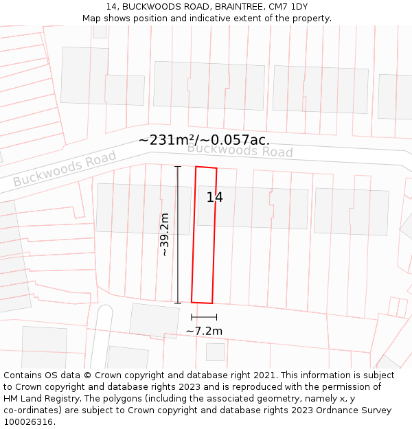14, BUCKWOODS ROAD, BRAINTREE, CM7 1DY: Plot and title map