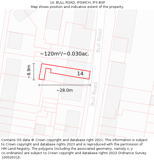 14, BULL ROAD, IPSWICH, IP3 8GP: Plot and title map