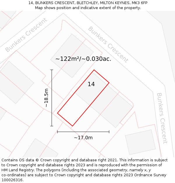 14, BUNKERS CRESCENT, BLETCHLEY, MILTON KEYNES, MK3 6FP: Plot and title map