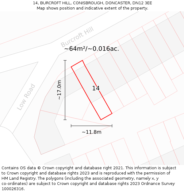 14, BURCROFT HILL, CONISBROUGH, DONCASTER, DN12 3EE: Plot and title map