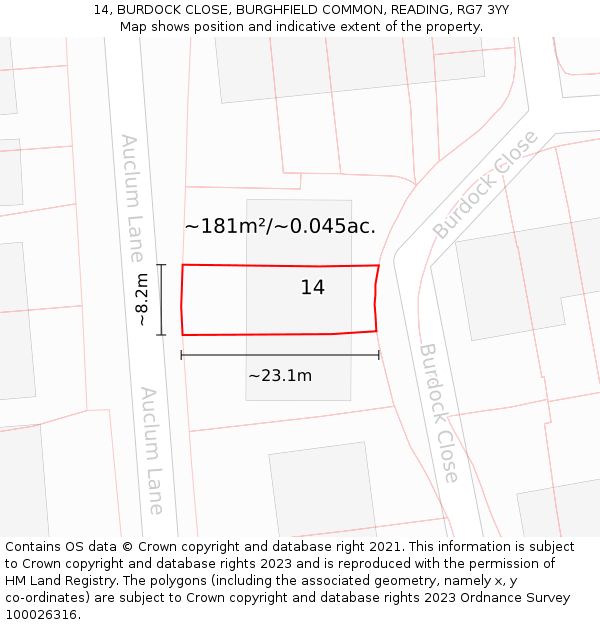 14, BURDOCK CLOSE, BURGHFIELD COMMON, READING, RG7 3YY: Plot and title map