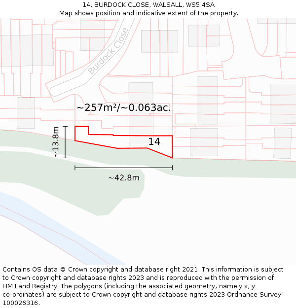 14, BURDOCK CLOSE, WALSALL, WS5 4SA: Plot and title map