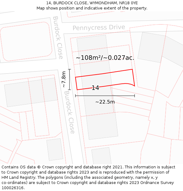 14, BURDOCK CLOSE, WYMONDHAM, NR18 0YE: Plot and title map