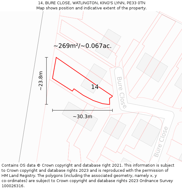 14, BURE CLOSE, WATLINGTON, KING'S LYNN, PE33 0TN: Plot and title map