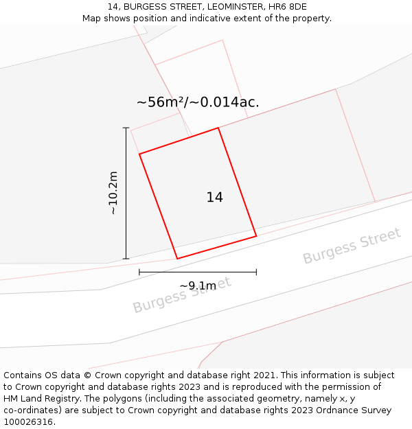 14, BURGESS STREET, LEOMINSTER, HR6 8DE: Plot and title map