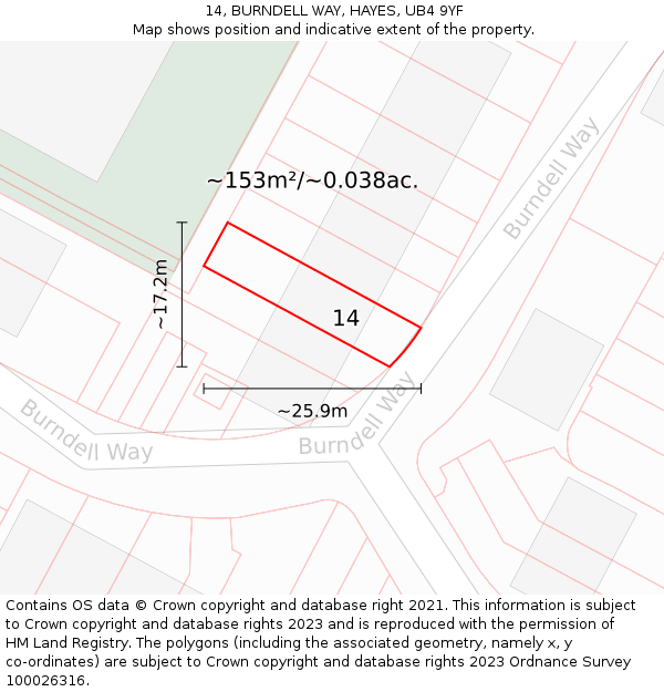 14, BURNDELL WAY, HAYES, UB4 9YF: Plot and title map