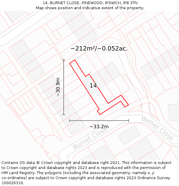 14, BURNET CLOSE, PINEWOOD, IPSWICH, IP8 3TN: Plot and title map