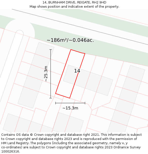 14, BURNHAM DRIVE, REIGATE, RH2 9HD: Plot and title map