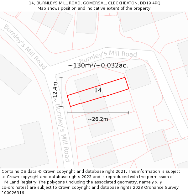 14, BURNLEYS MILL ROAD, GOMERSAL, CLECKHEATON, BD19 4PQ: Plot and title map