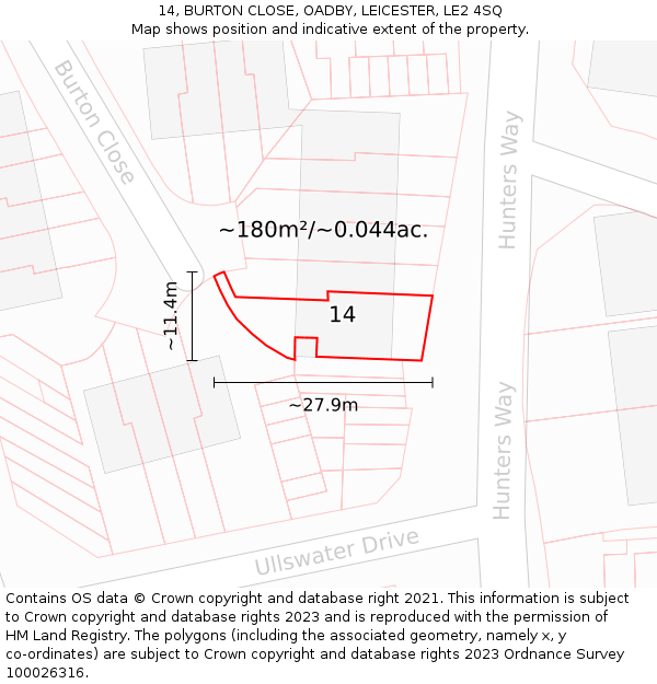 14, BURTON CLOSE, OADBY, LEICESTER, LE2 4SQ: Plot and title map