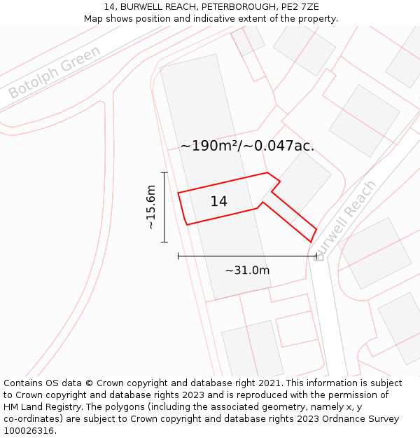 14, BURWELL REACH, PETERBOROUGH, PE2 7ZE: Plot and title map