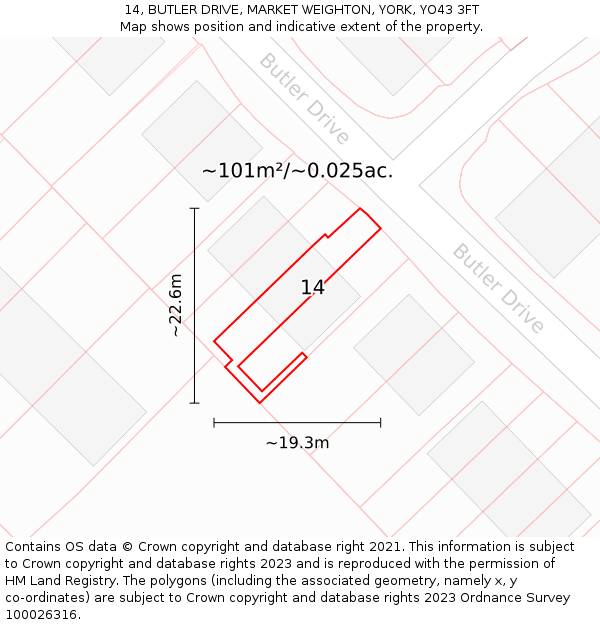 14, BUTLER DRIVE, MARKET WEIGHTON, YORK, YO43 3FT: Plot and title map