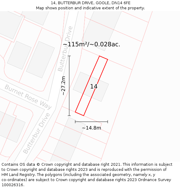 14, BUTTERBUR DRIVE, GOOLE, DN14 6FE: Plot and title map