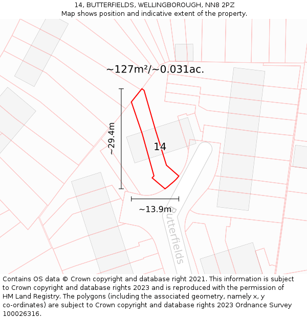 14, BUTTERFIELDS, WELLINGBOROUGH, NN8 2PZ: Plot and title map