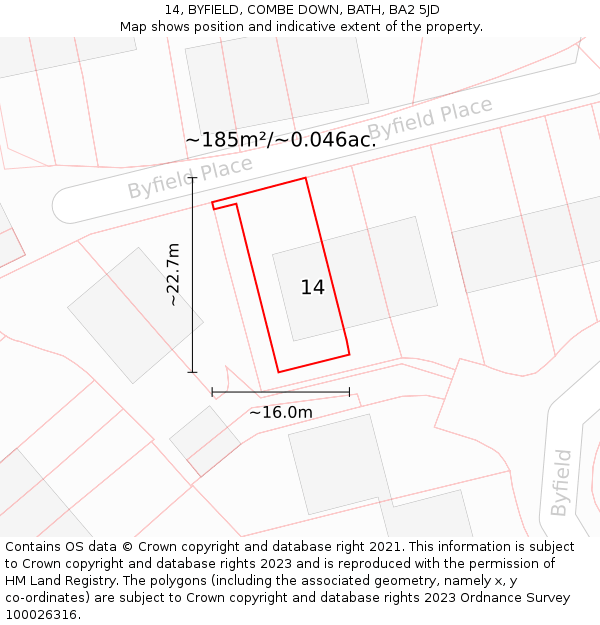 14, BYFIELD, COMBE DOWN, BATH, BA2 5JD: Plot and title map
