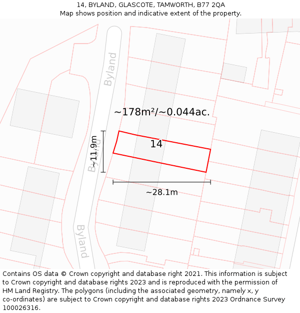 14, BYLAND, GLASCOTE, TAMWORTH, B77 2QA: Plot and title map
