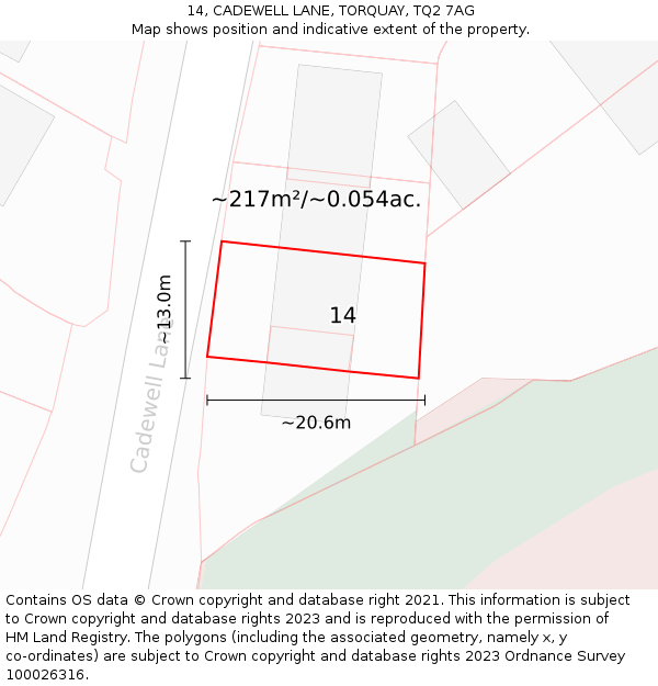 14, CADEWELL LANE, TORQUAY, TQ2 7AG: Plot and title map