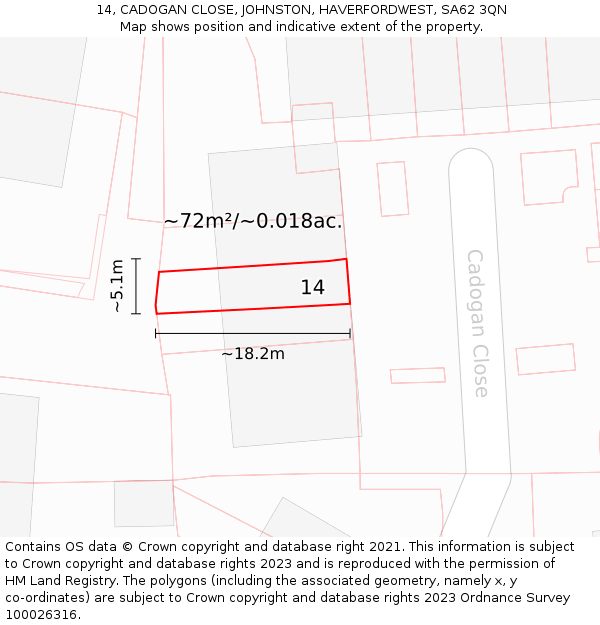14, CADOGAN CLOSE, JOHNSTON, HAVERFORDWEST, SA62 3QN: Plot and title map