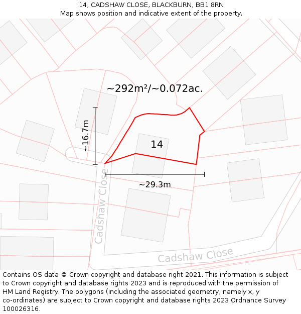 14, CADSHAW CLOSE, BLACKBURN, BB1 8RN: Plot and title map