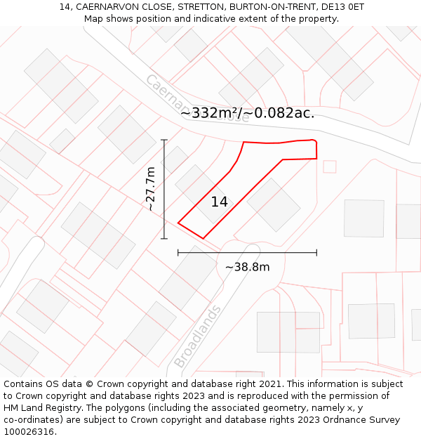 14, CAERNARVON CLOSE, STRETTON, BURTON-ON-TRENT, DE13 0ET: Plot and title map