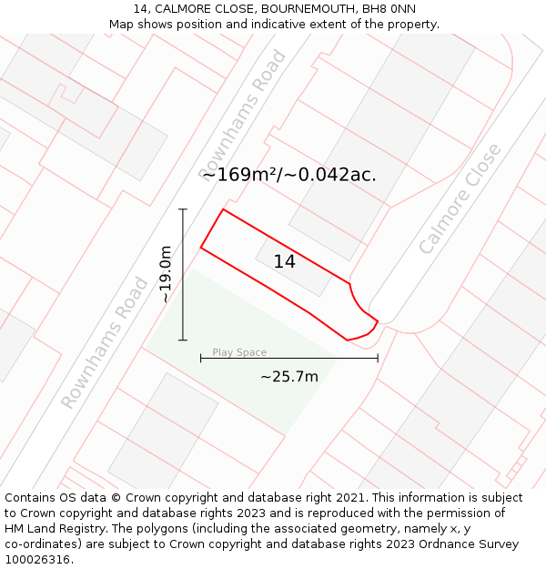 14, CALMORE CLOSE, BOURNEMOUTH, BH8 0NN: Plot and title map
