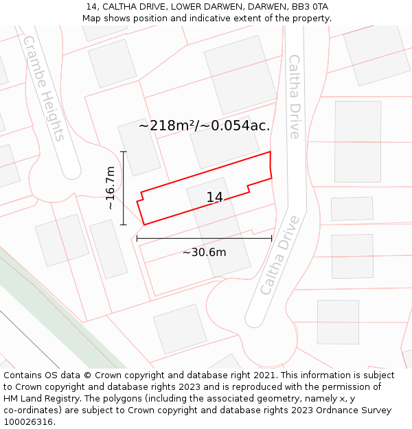 14, CALTHA DRIVE, LOWER DARWEN, DARWEN, BB3 0TA: Plot and title map