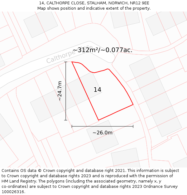14, CALTHORPE CLOSE, STALHAM, NORWICH, NR12 9EE: Plot and title map