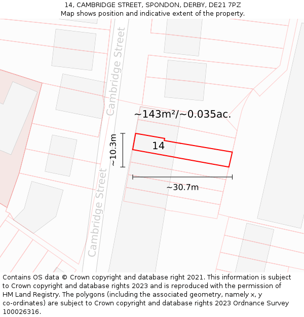 14, CAMBRIDGE STREET, SPONDON, DERBY, DE21 7PZ: Plot and title map