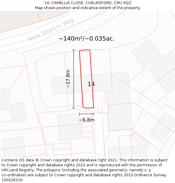 14, CAMELLIA CLOSE, CHELMSFORD, CM1 6QZ: Plot and title map