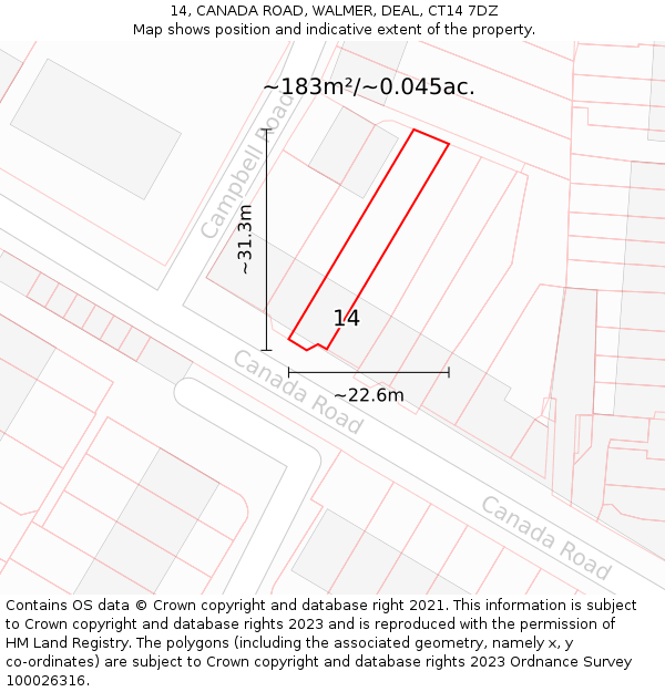 14, CANADA ROAD, WALMER, DEAL, CT14 7DZ: Plot and title map