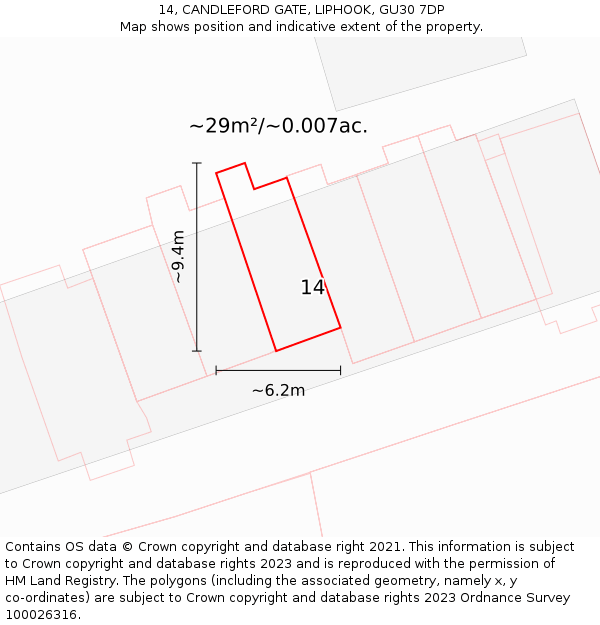 14, CANDLEFORD GATE, LIPHOOK, GU30 7DP: Plot and title map