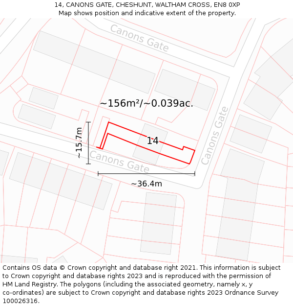 14, CANONS GATE, CHESHUNT, WALTHAM CROSS, EN8 0XP: Plot and title map