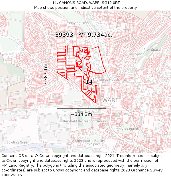 14, CANONS ROAD, WARE, SG12 0BT: Plot and title map