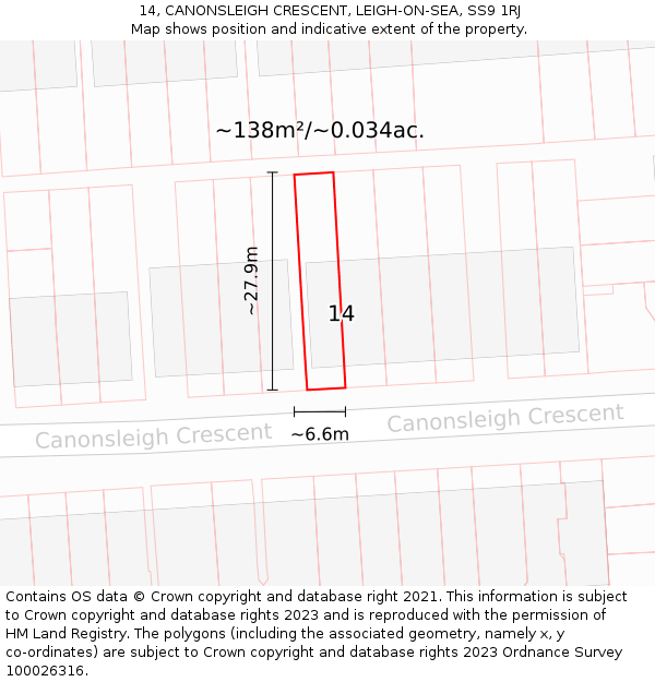 14, CANONSLEIGH CRESCENT, LEIGH-ON-SEA, SS9 1RJ: Plot and title map