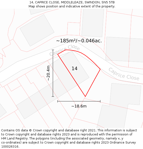 14, CAPRICE CLOSE, MIDDLELEAZE, SWINDON, SN5 5TB: Plot and title map