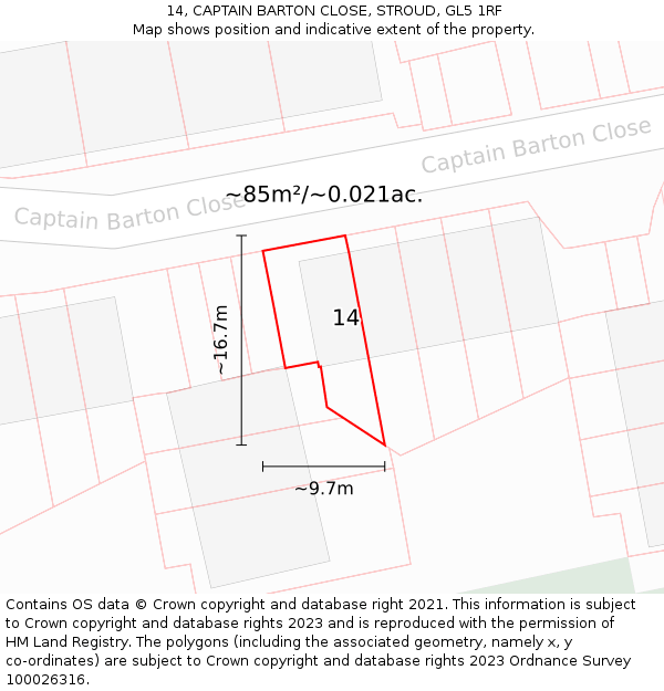 14, CAPTAIN BARTON CLOSE, STROUD, GL5 1RF: Plot and title map