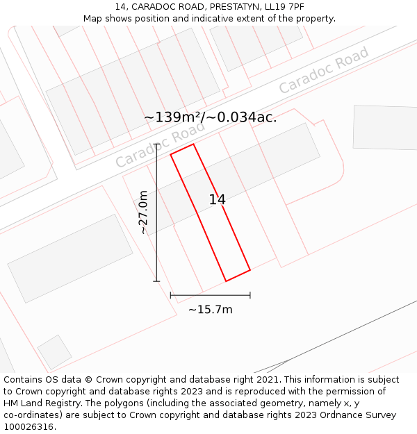 14, CARADOC ROAD, PRESTATYN, LL19 7PF: Plot and title map