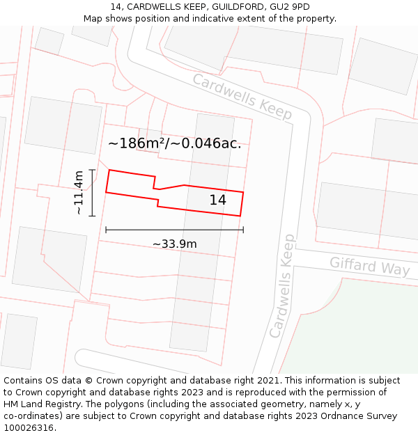 14, CARDWELLS KEEP, GUILDFORD, GU2 9PD: Plot and title map