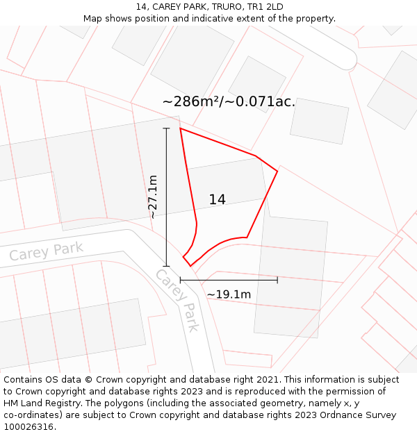 14, CAREY PARK, TRURO, TR1 2LD: Plot and title map