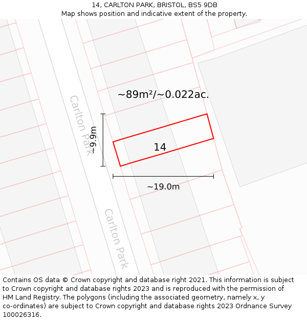 14, CARLTON PARK, BRISTOL, BS5 9DB: Plot and title map