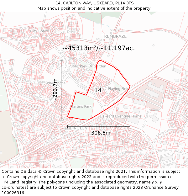 14, CARLTON WAY, LISKEARD, PL14 3FS: Plot and title map