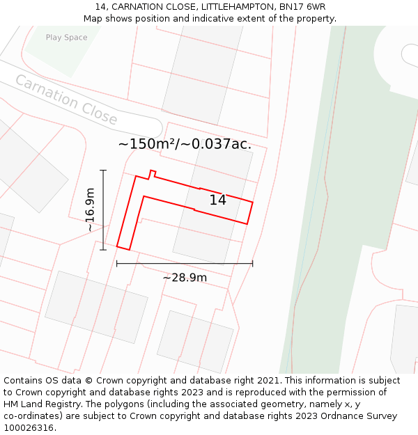 14, CARNATION CLOSE, LITTLEHAMPTON, BN17 6WR: Plot and title map