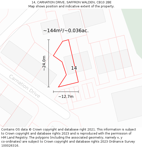 14, CARNATION DRIVE, SAFFRON WALDEN, CB10 2BE: Plot and title map