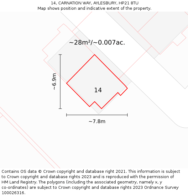 14, CARNATION WAY, AYLESBURY, HP21 8TU: Plot and title map