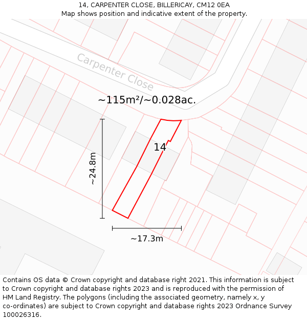 14, CARPENTER CLOSE, BILLERICAY, CM12 0EA: Plot and title map