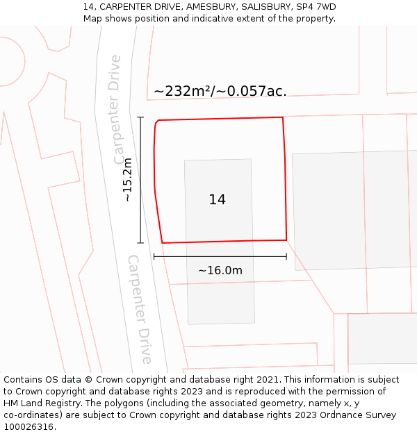 14, CARPENTER DRIVE, AMESBURY, SALISBURY, SP4 7WD: Plot and title map