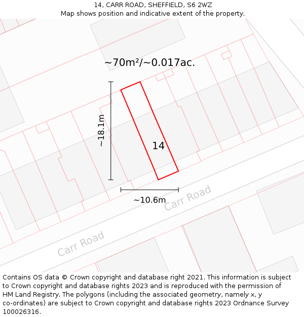 14, CARR ROAD, SHEFFIELD, S6 2WZ: Plot and title map